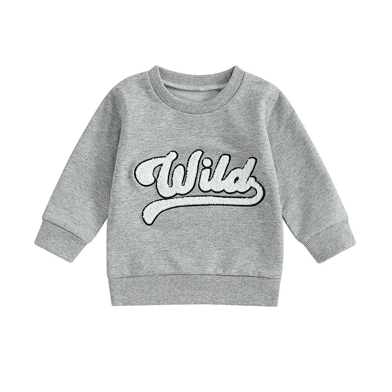 1-6Y Kids Boys Girls Fuzzy Letter Embroidered Crew Neck Long Sleeve Pullovers Sweatshirt