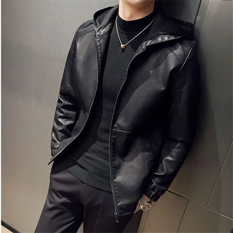 Hooded Leather Moto Jacket - Slim Fit Biker Style