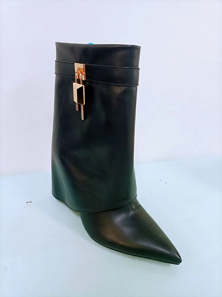 Women's Wedge Leather Mid-Calf Boots - 10cm Heel Metal Buckle Boots