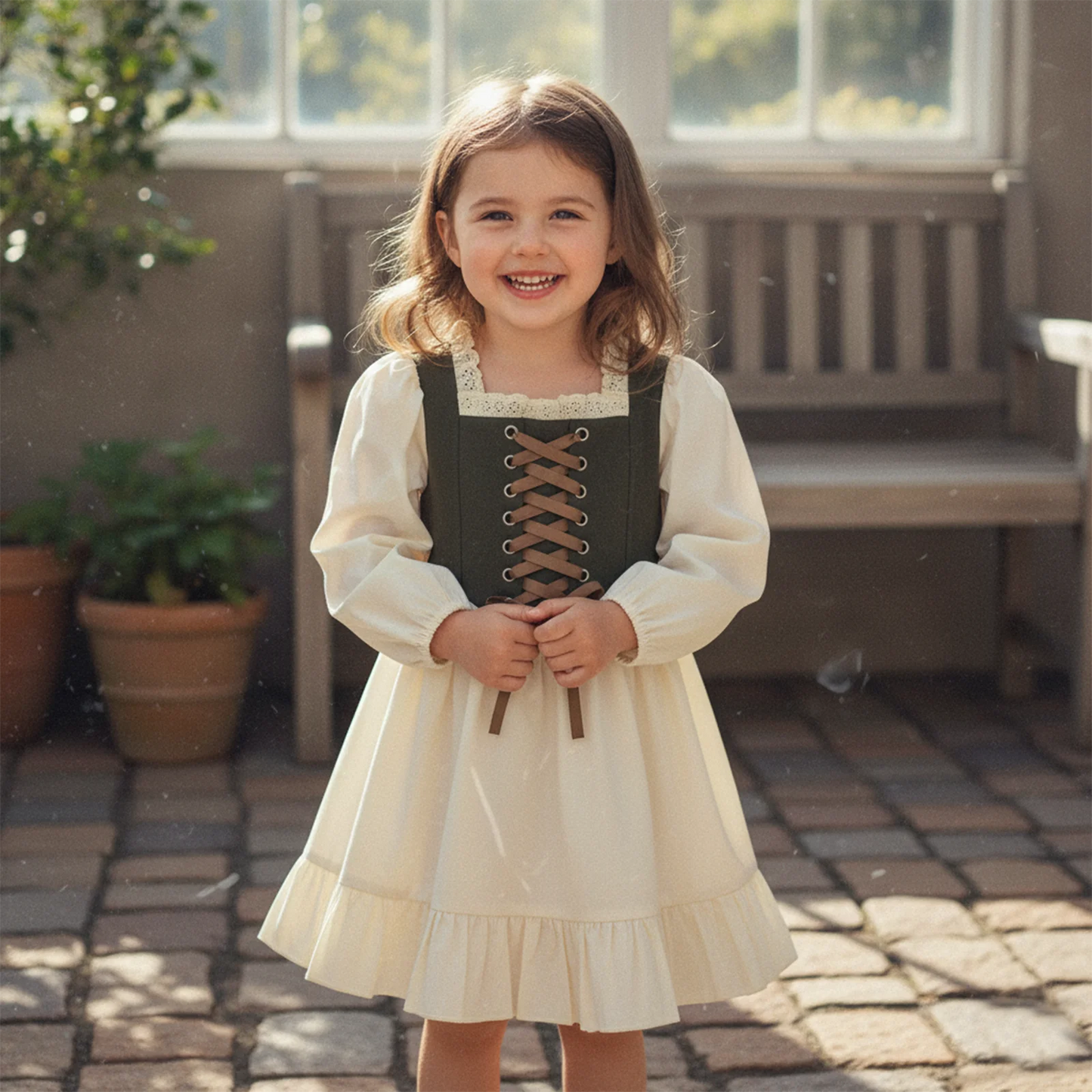 Girls Holiday Dress - Lace Trim Square Neck Ruffle Dress with Long Sleeves