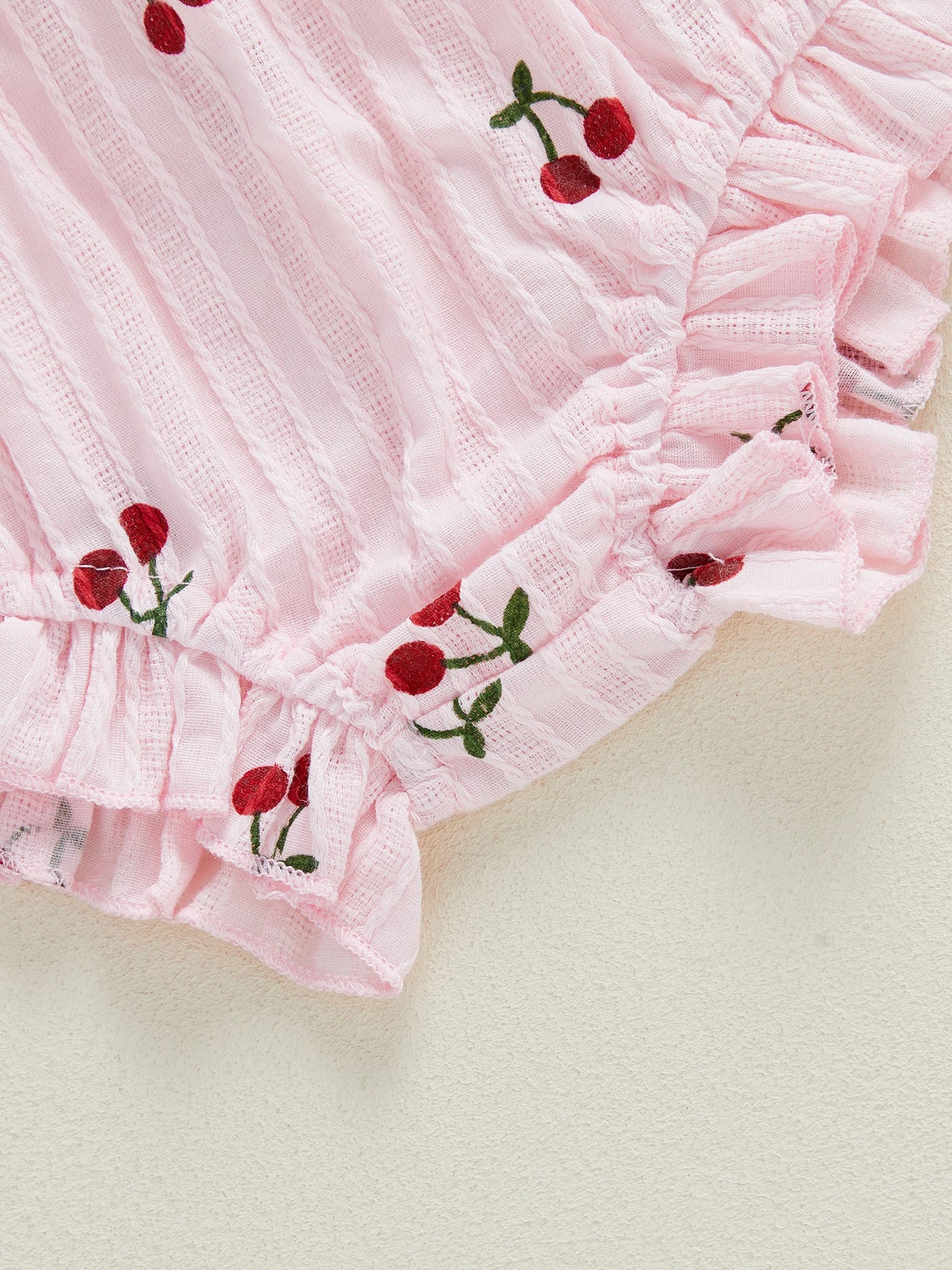 Baby Girls Summer Outfit Set - Cherry Print Square Collar Top with Ruffled Shorts & Headband 0-24M