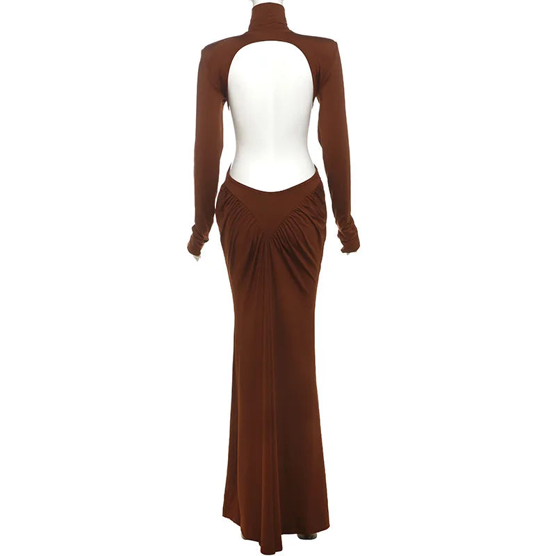 Women's Ruched Long Sleeve Maxi Dress - Elegant Backless Evening Gown