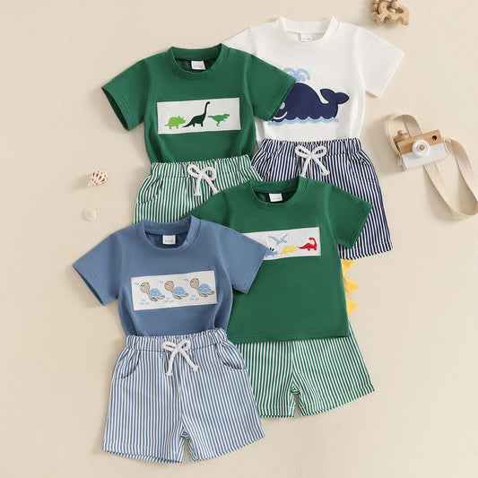 Baby Boys' Casual Outfit Set - Animal Embroidery Short Sleeve T-Shirt & Striped Shorts 2pcs