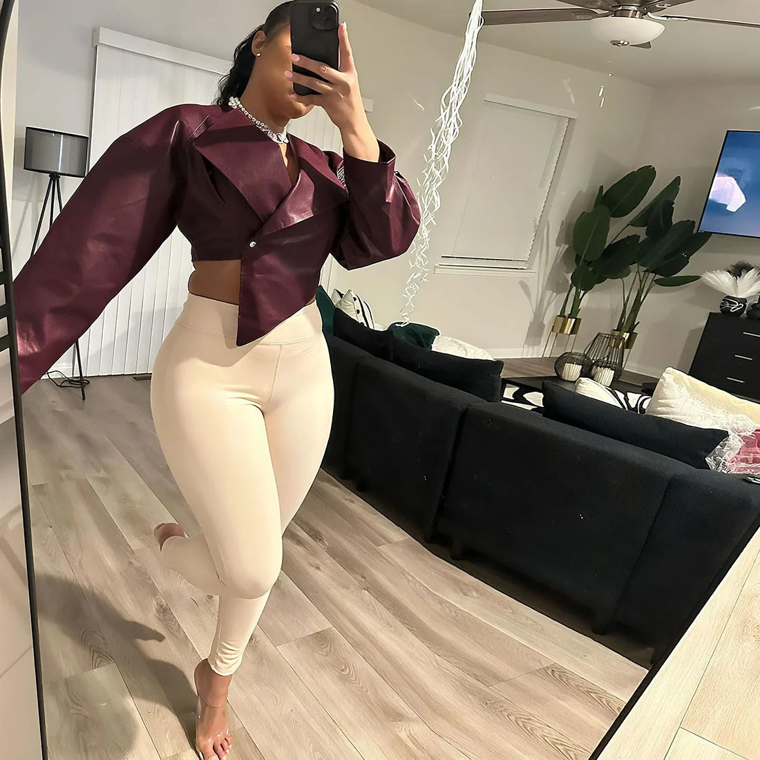 Women's PU Leather Cropped Jacket - Asymmetrical Single Button Coat