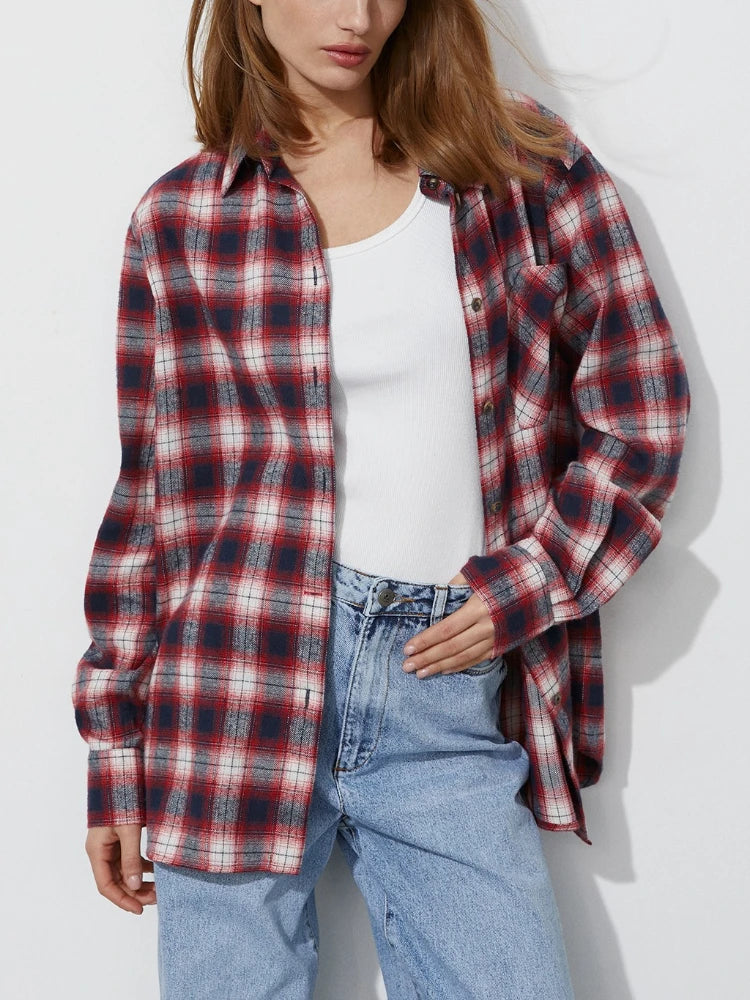 Women's Retro Plaid Turn Down Collar Shirt