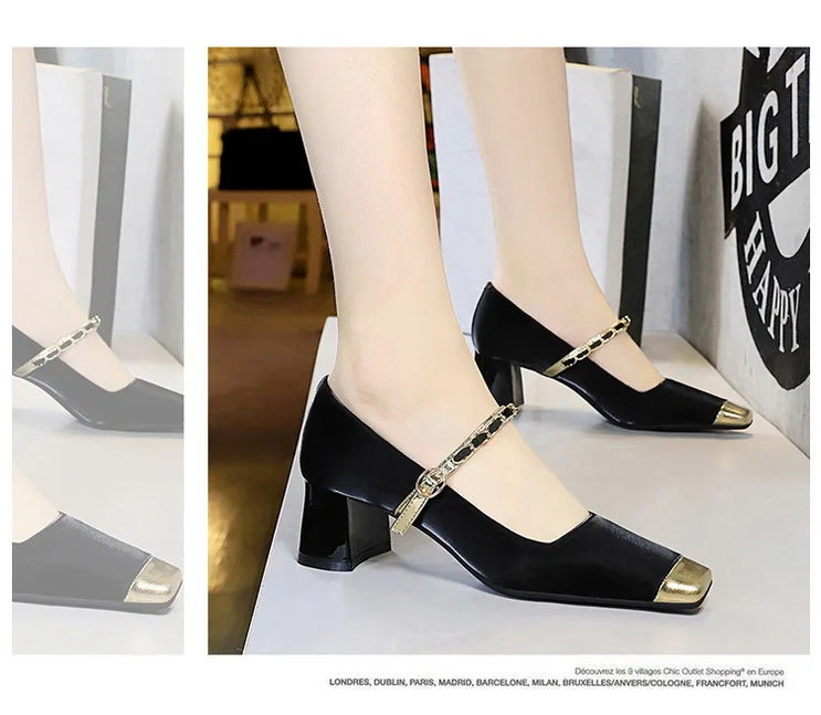 Women's Square Toe Metal Chain Temperament Mary Jane Middle Heel Shoes