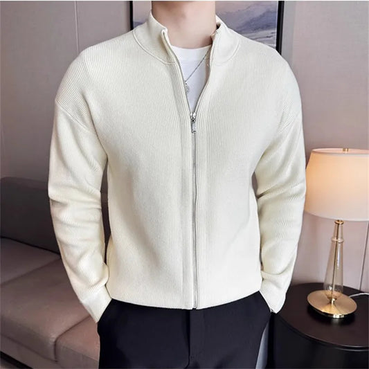 Men's Slim Fit Stand Collar Cardigan - Autumn Winter Zip-Up Knitted Sweater