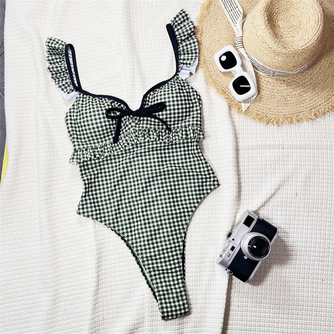 Plaid Bow Backless Monokini