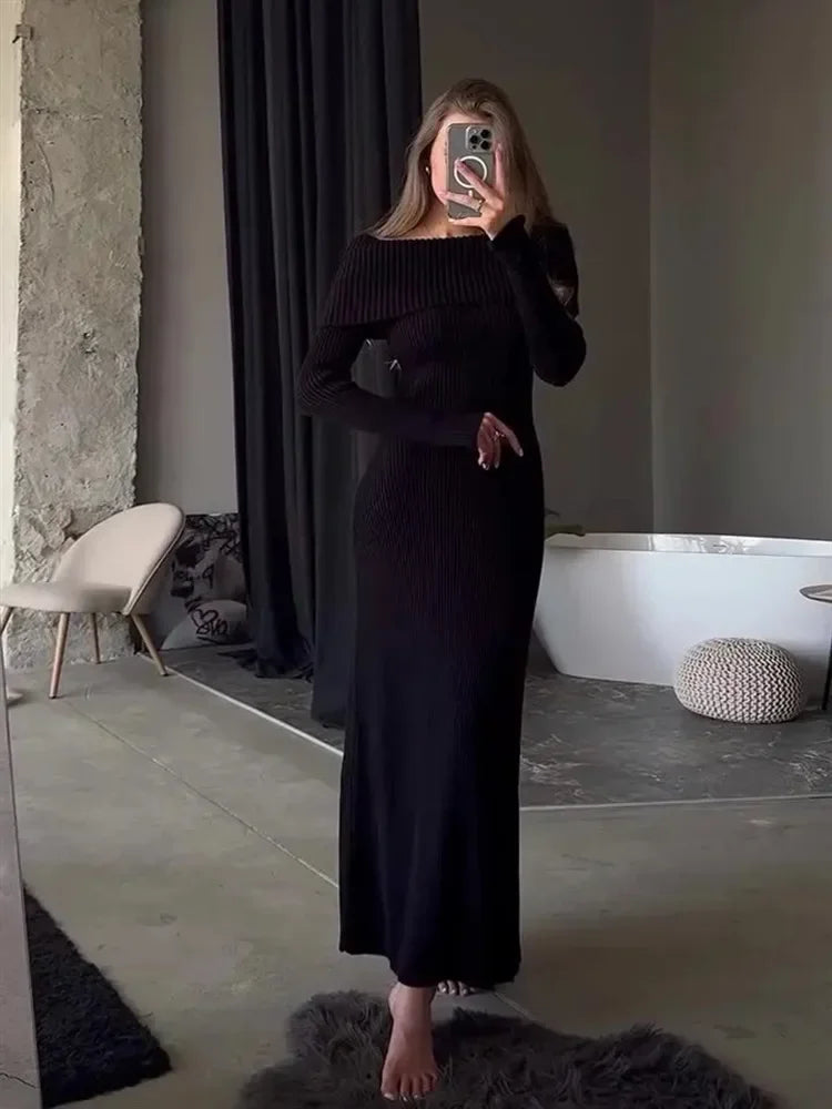 Women's Long Off-Shoulder Ribbed Loose High Waist Knitwear Maxi Dress