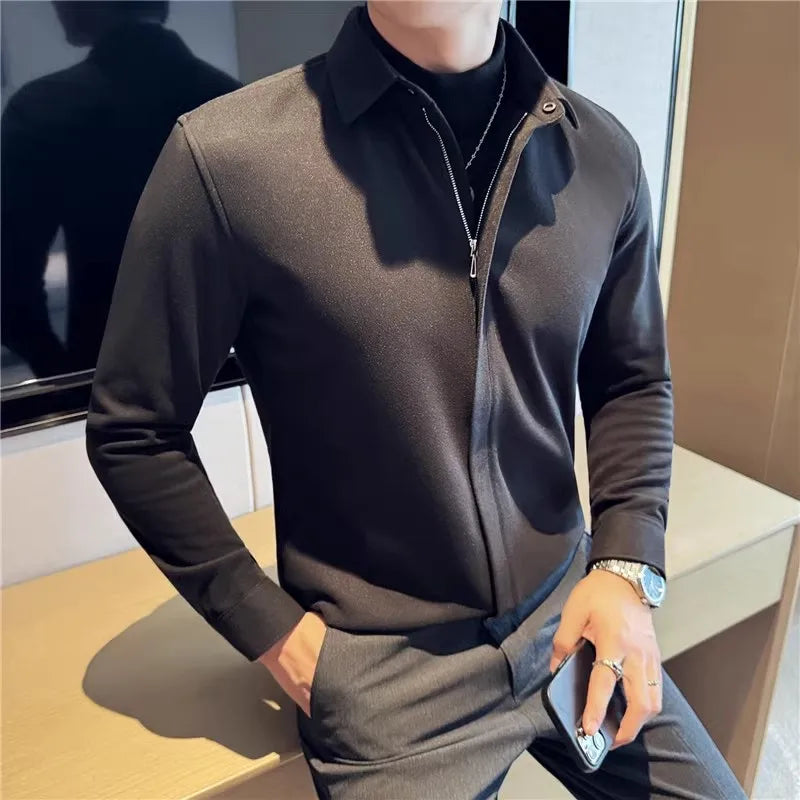Men's Winter Thick Woolen Zipper Solid Color Turn Down Collar Warm Casual Shirt