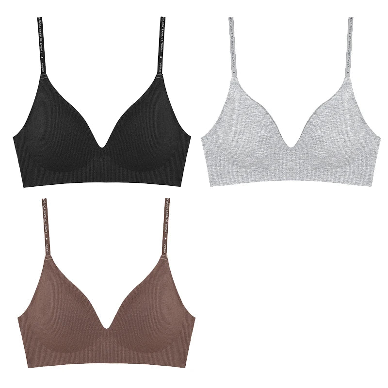 Women's 3/5Pcs/set Wireless Bra Deep V Padded Bralette Stripe Knitting Bras