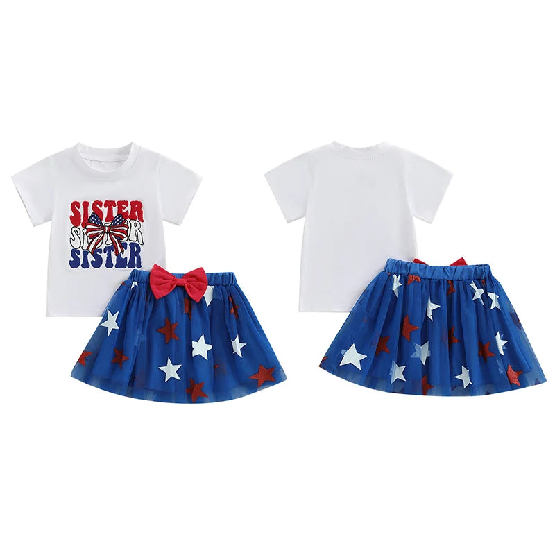 0-4Y Summer Kids Girls USA Clothes Set Short Sleeve Letter Bow Embroidery T Shirts Star Tulle Skirt