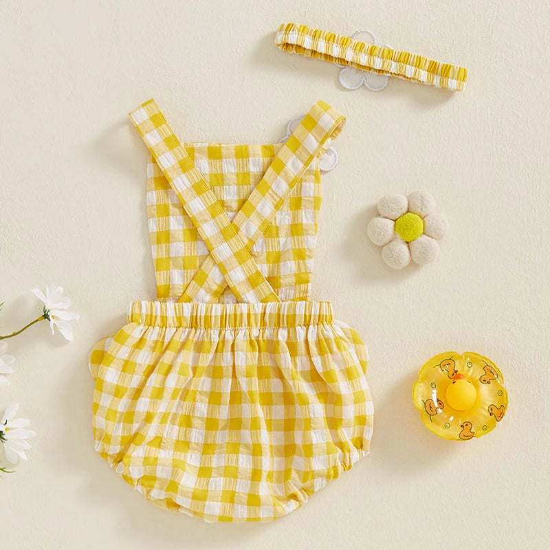 Baby Girls' Cartoon Duck Embroidery Plaid Sleeveless Romper with Floral Headband | Square Neck Summer Playsuit | 3M–12M