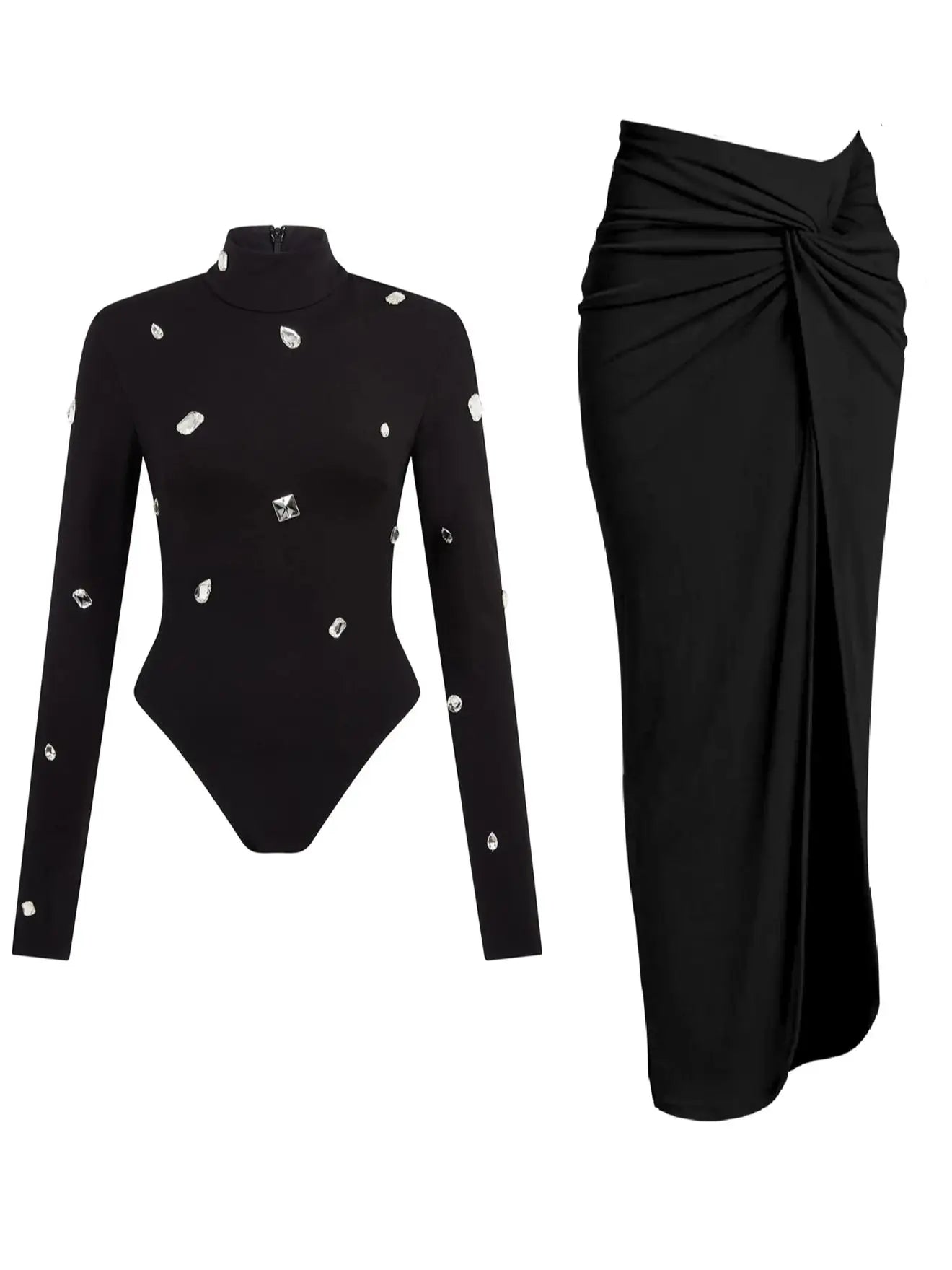 Women's 3-Piece Rhinestone Swimwear Set - Long Sleeve with Slit Skirt