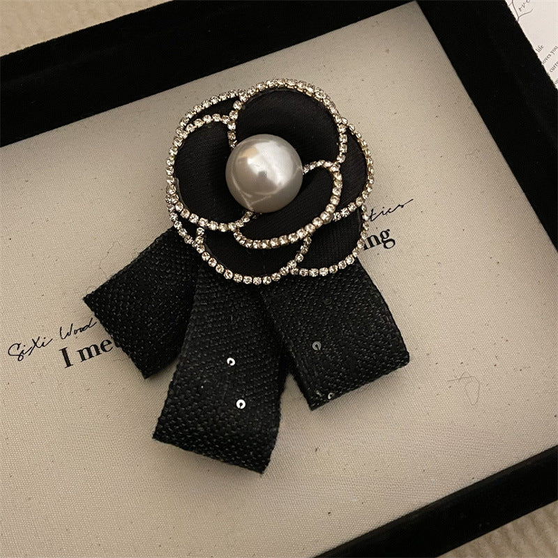 Retro Fabric Camellia Flower Brooch - Bow Crystal Pearl Tassel Lapel Pin