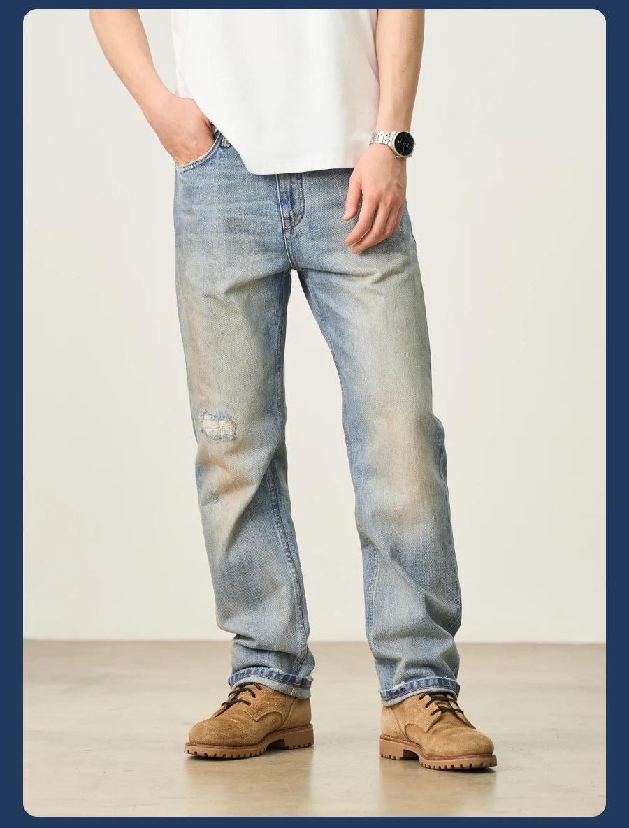 Men's Premium Selvedge Denim Jeans - 14.3oz Cotton Loose Straight Patchwork