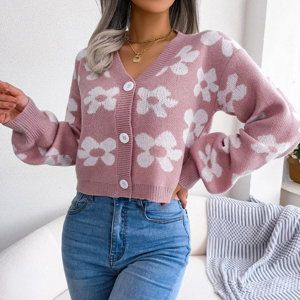 Women's Knitted Cardigan V Neck Single Breasted Sweater Flower Lantern Sleeve Jumper