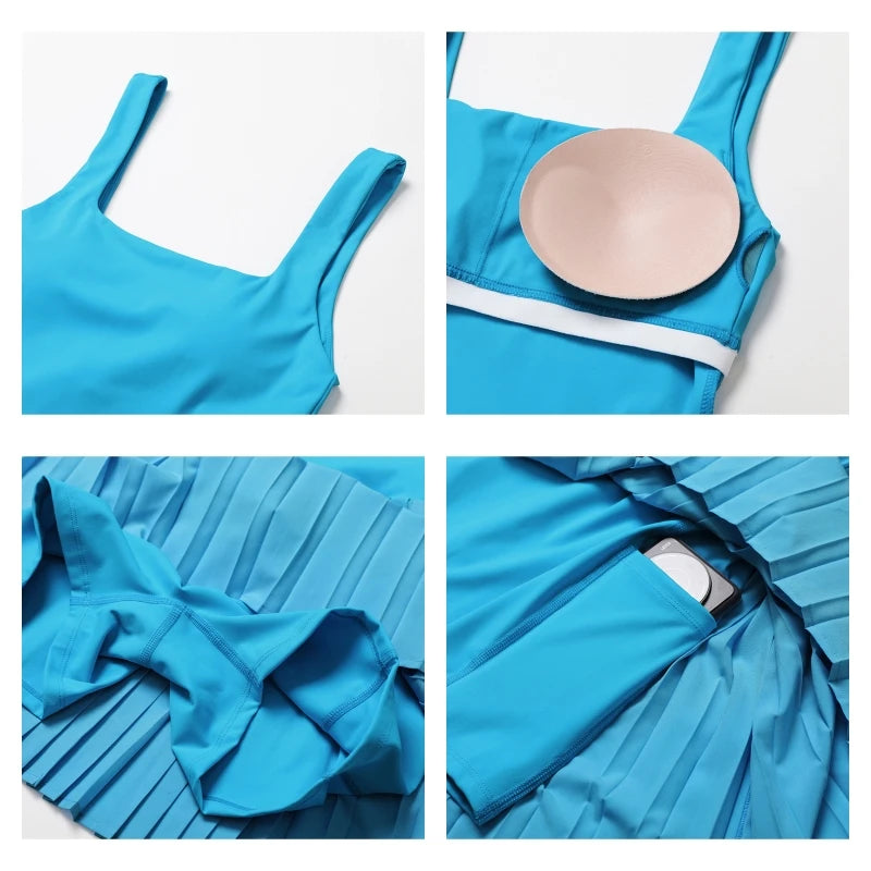 Tennis Skirt with Inner Lining - Pleated Golf Workout Dress with Pockets