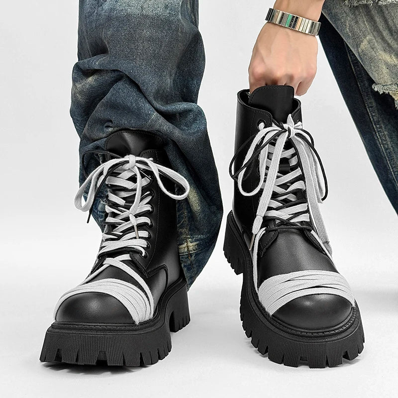 Men's Leather Platform Motorcycle Boots - Retro Street Ankle Sneakers
