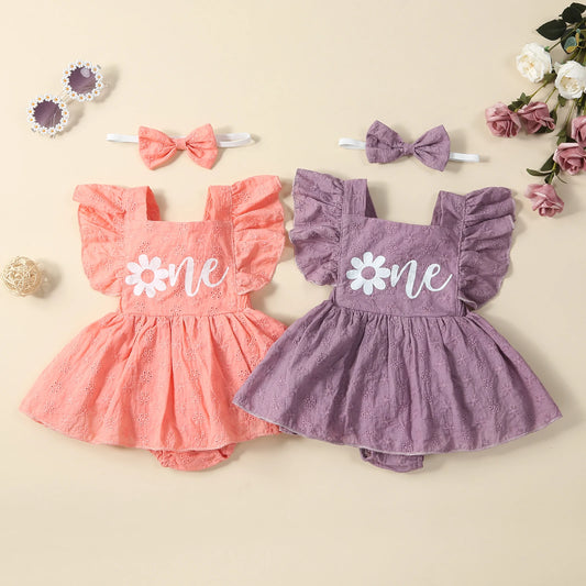 0-18M Infant Baby Girl  Romper 2pcs Flower Letter Print Flying Sleeve Birthday Jumpsuits and  Bow Headband