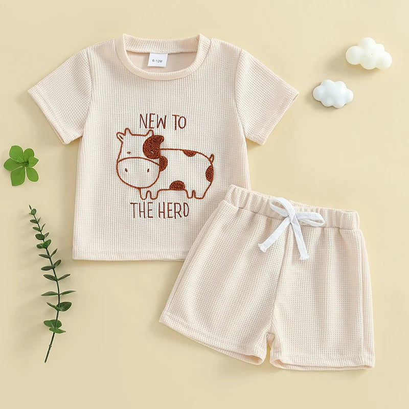 0-4Y Toddler Baby Boys Casual Clothes Sets Letter Cow Embroidery Short Sleeve T Shirts Tops with Elastic Waist Shorts