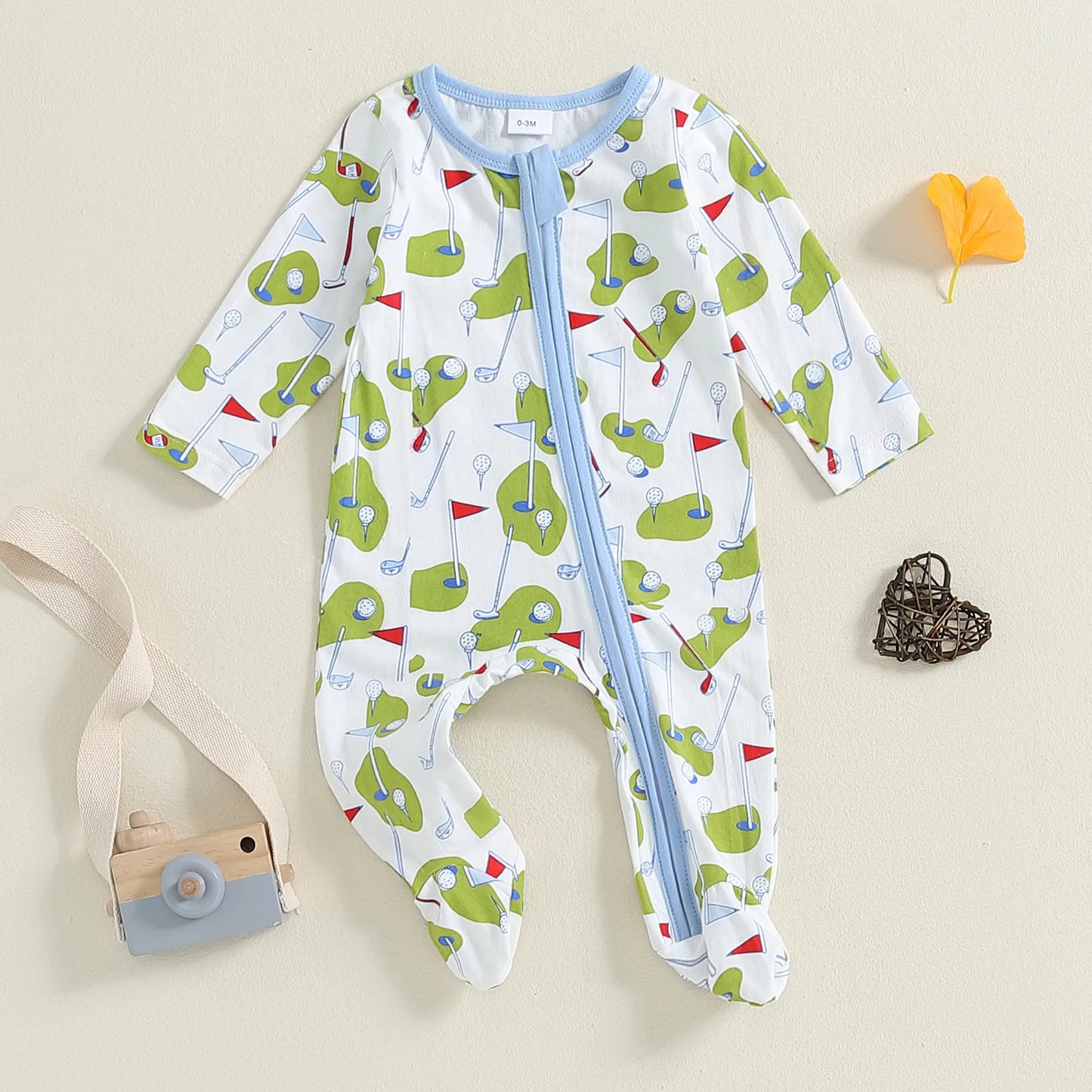 Newborn Baby Footed Romper - Long Sleeve Cartoon Golf Print Zipper Jumpsuit