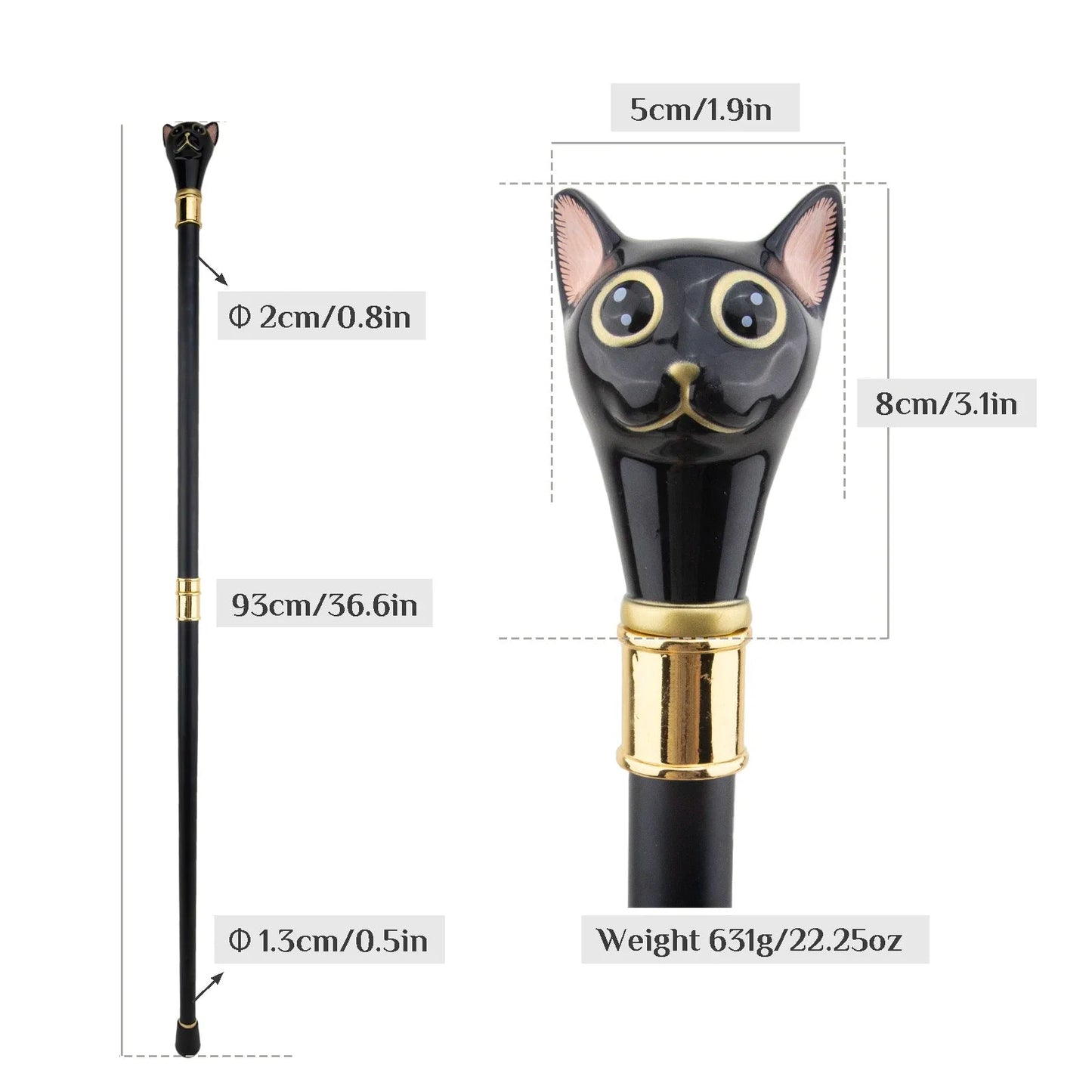 Black Golden Cat Gentleman Kitten Walking Cane  Walking Stick Gentleman Crosier Knob Walking Stick 93cm