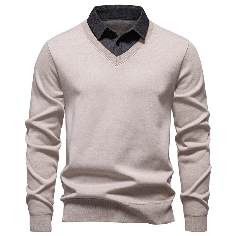 Men's Fake Two-Piece Knitted Pullover - Slim Fit Turn Down Collar Sweater