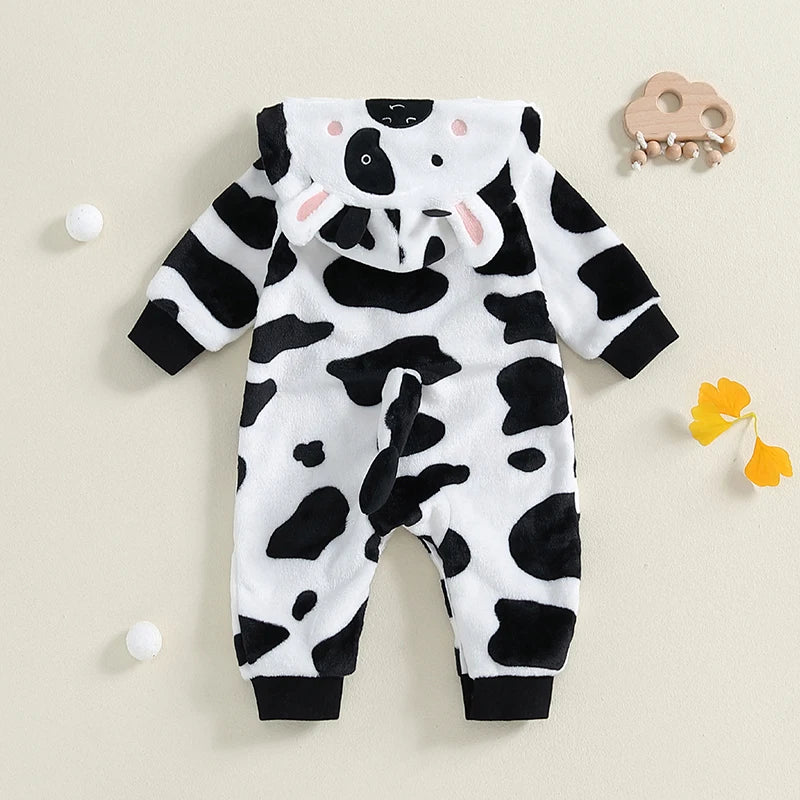 0-18M  Baby Boys Cute Romper Long Sleeve Cow Pattern Button Hooded Jumpsuit for Newborn