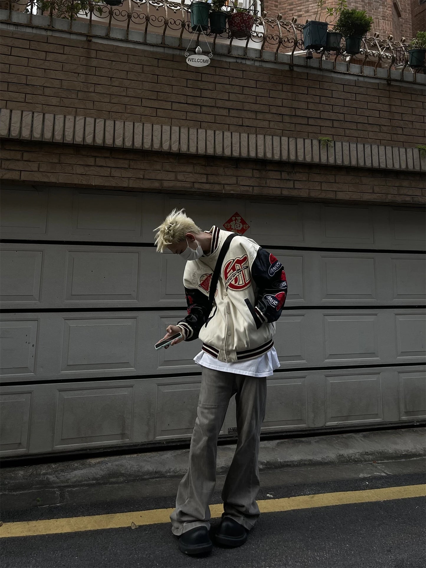 Men's Vintage Flocked Embroidery Patchwork Varsity PU Leather Sleeve Baseball Jacket