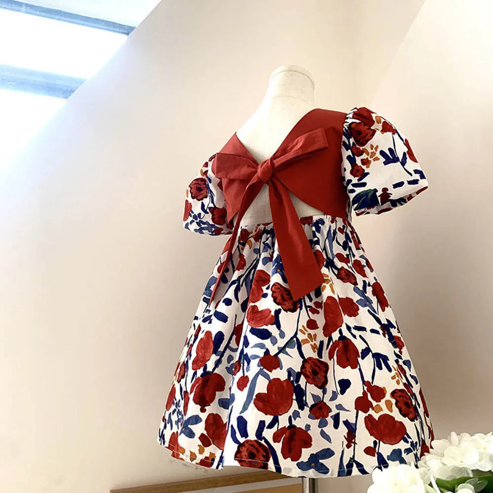 Girl's Floral Princess Backless Tie Bow Puff Sleeve Dress for 3-11Y