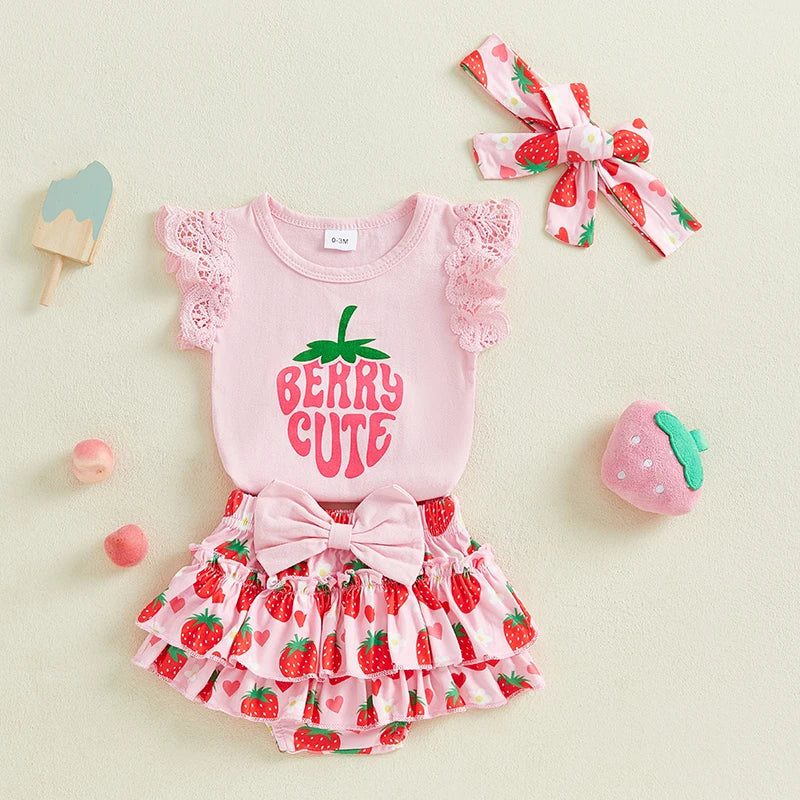 0-18M Baby Girls Summer Clothes Sets Flying Sleeves Letter Fruit Print Romper Tiered Ruffled Shorts with Headband