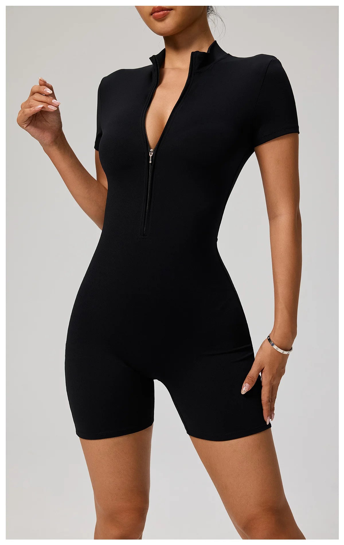 Zipper Front Jumpsuit - Short Sleeve Nylon Workout Set for Gym & Yoga