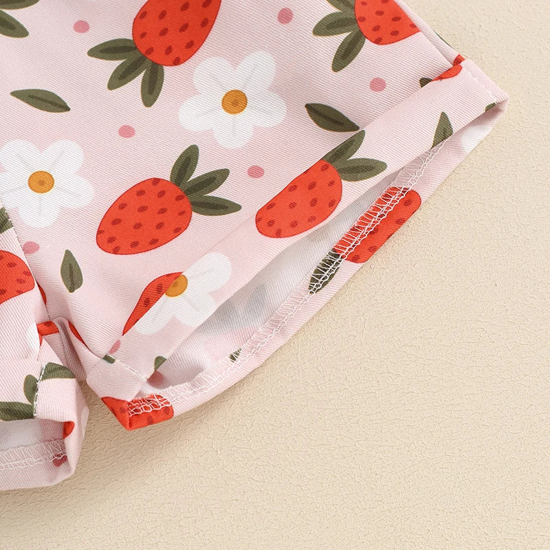 Kids Girls Overalls Shorts 0-6Y Sleeveless Straps Strawberry/Flower Print Denim Button Pocket Jumpsuit