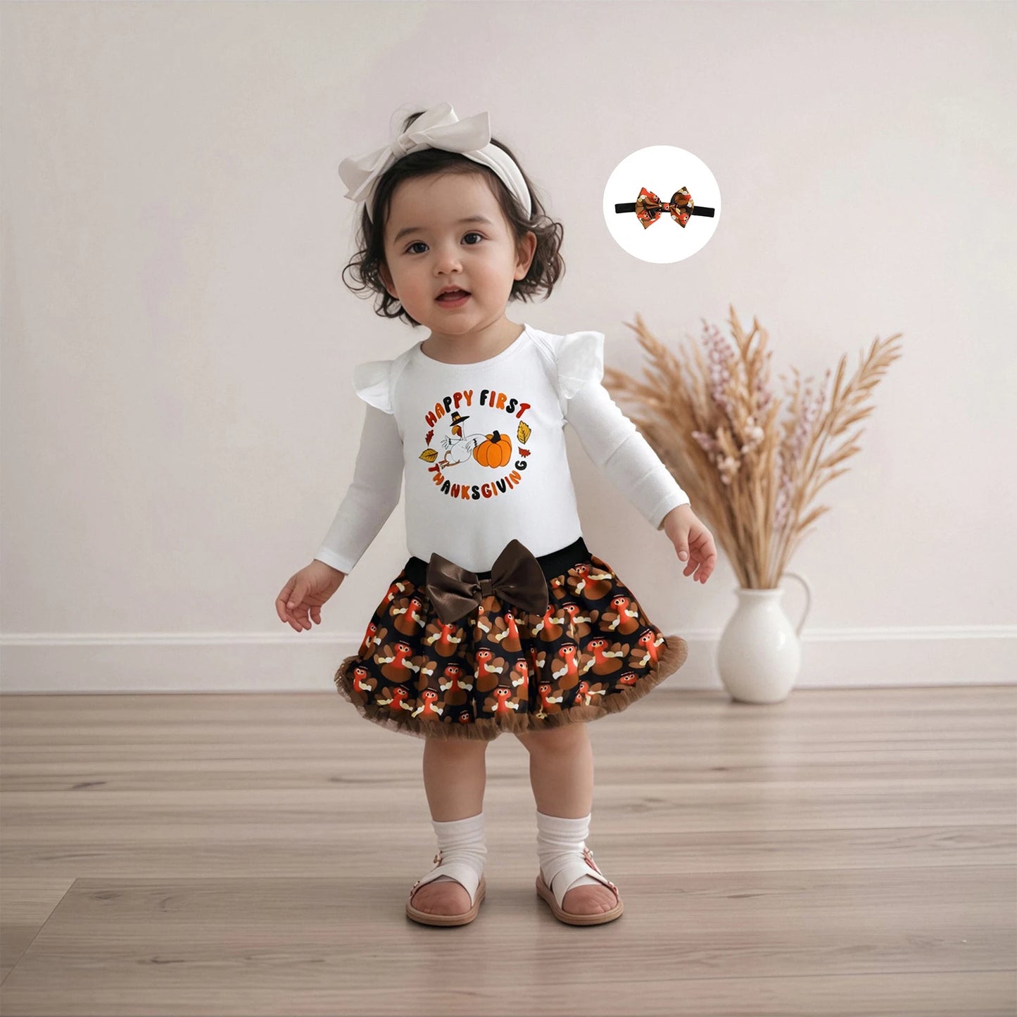 Baby Girls Thanksgiving Outfit Set - 3-Piece Long Sleeve Romper, Mini Skirt & Headband
