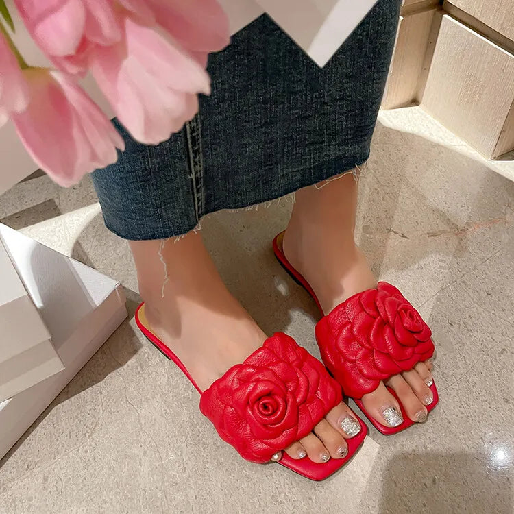 Women's 3D Flower Handmade Rose Head Layer Cowhide Open Toe Square Toe Slippers