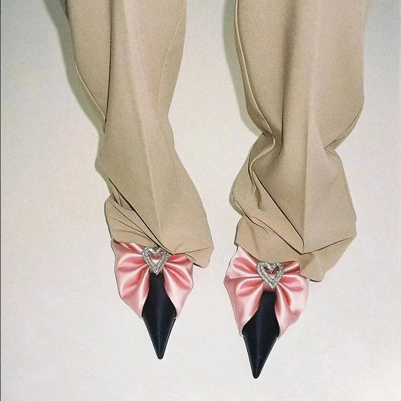 Women's Rhinestone Bowknot Satin Pointed Heel Sandals - Bridesmaid Party Shoes