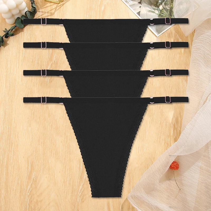 Women's Cotton Thongs 4-Piece Set - Adjustable Waistband Low-Rise Underwear