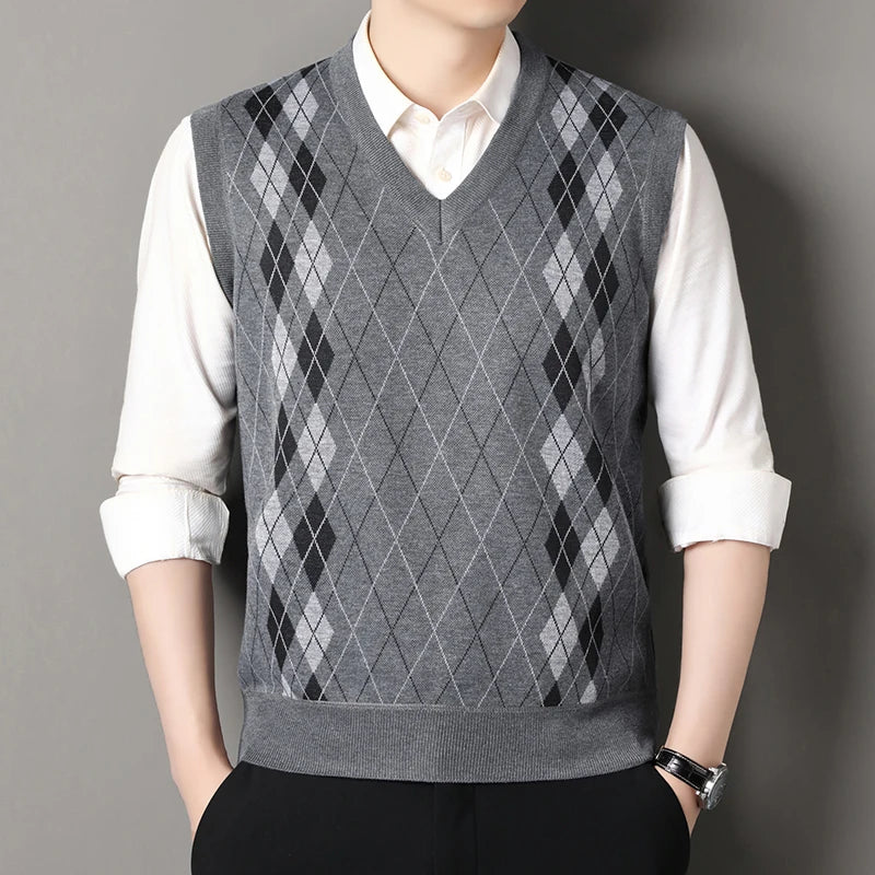 Autumn Winter Argyle Plaid Knit Vest - Fleece Sleeveless Waistcoat