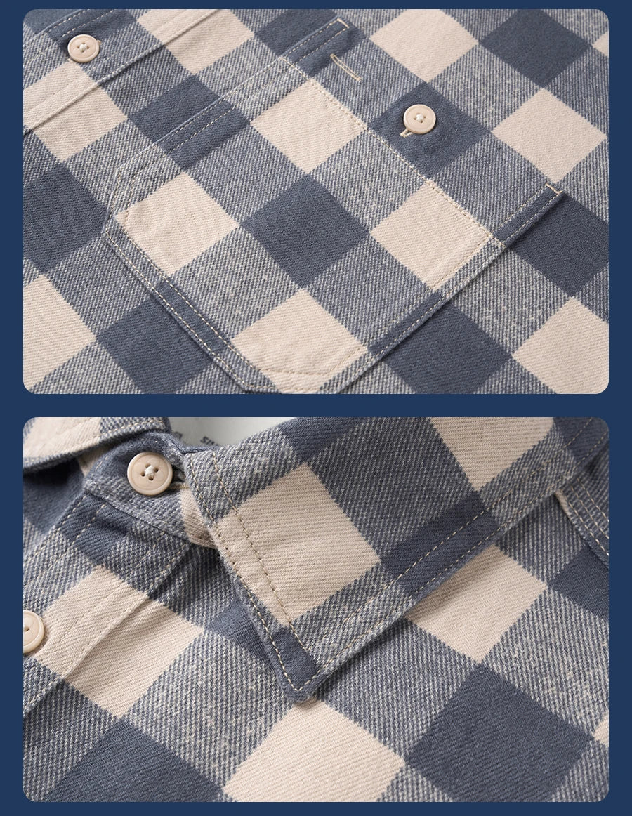 Men's Loose Plaid 8oz Washed Vintage Fabric Casual Check Shirt