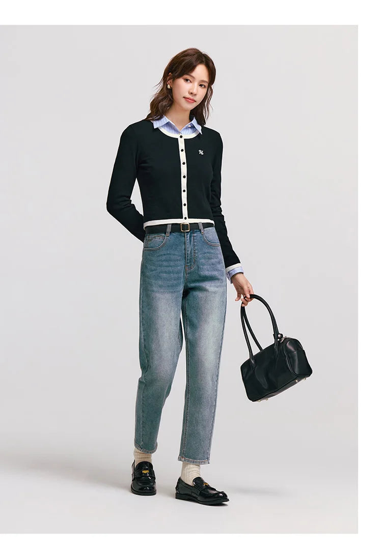 Women's Vintage Washed Tapered Jeans - Brushed Denim Loose Long Fit Winter Pants