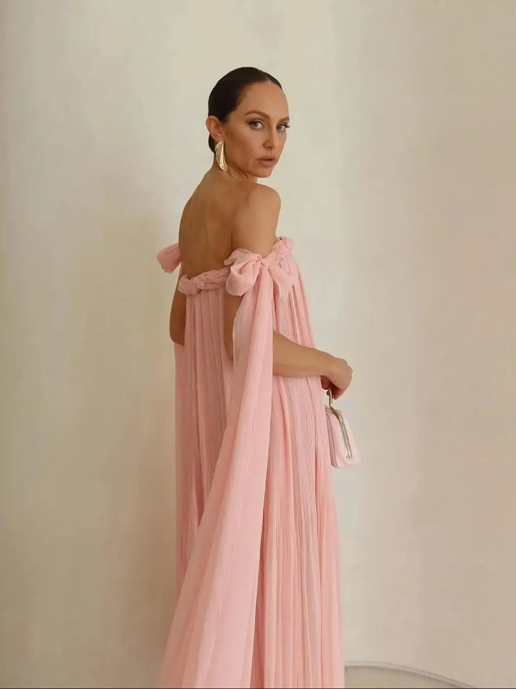 Off-Shoulder Braided Tie Maxi Dress - Pleated A-Line Summer Beach Dress