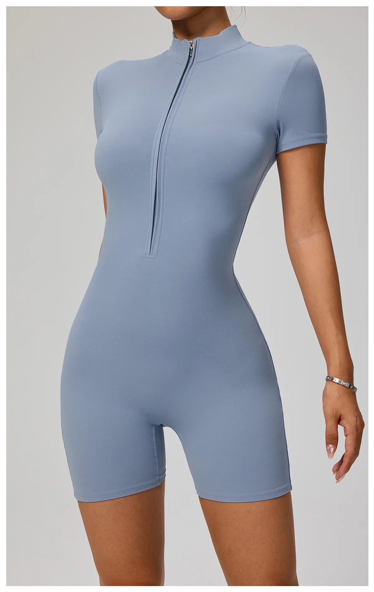 Zipper Front Jumpsuit - Short Sleeve Nylon Workout Set for Gym & Yoga