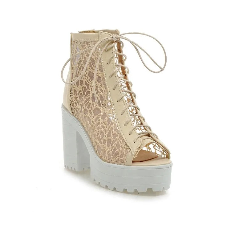 Women's Open Toe Summer Short Back Zipper Leather Mesh Hollow Cool Boots
