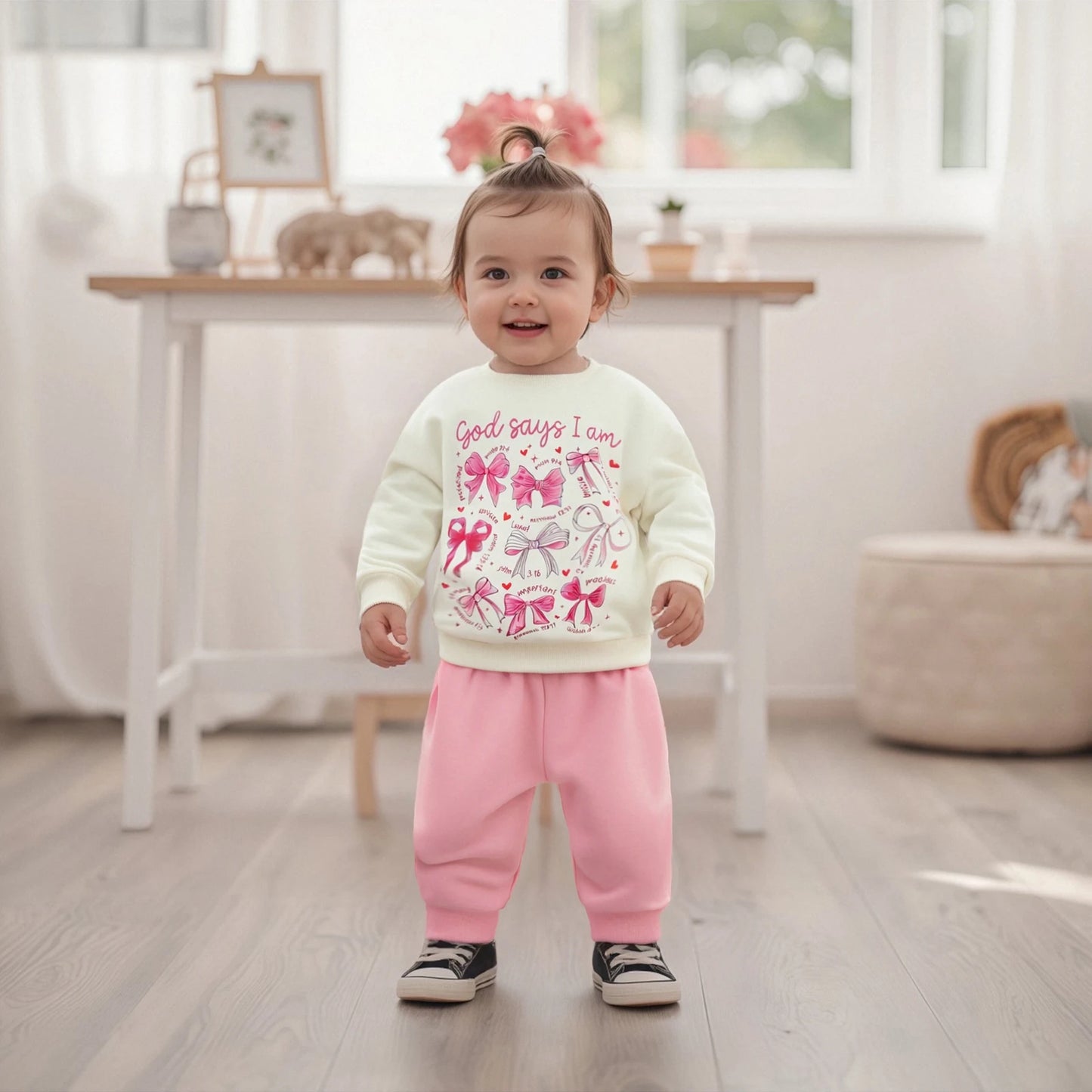 Baby Girls Fall Winter Clothes Set - Bow Letter Print Sweatshirt & Pants (0-3Y)