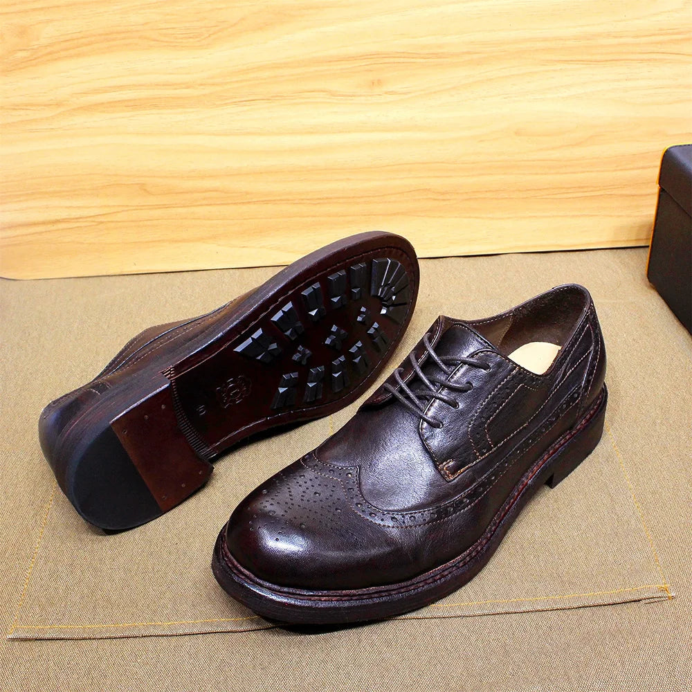 Handmade Stitched Derby Dress Shoes - Soft Calfskin Leather Wingtip Brogue