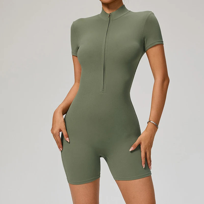 Zipper Front Jumpsuit - Short Sleeve Nylon Workout Set for Gym & Yoga