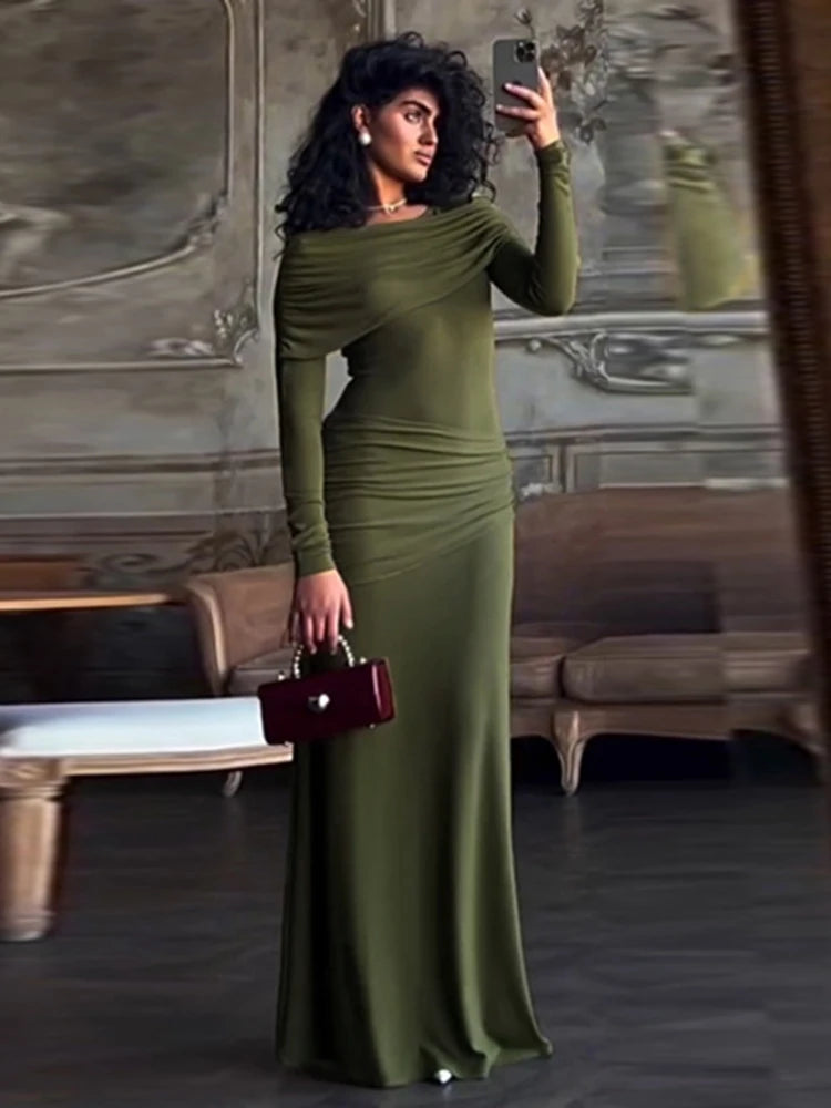 Women's Elegant Ruched Bodycon Maxi  Party Evening Long Sleeve Irregular Splice Dress