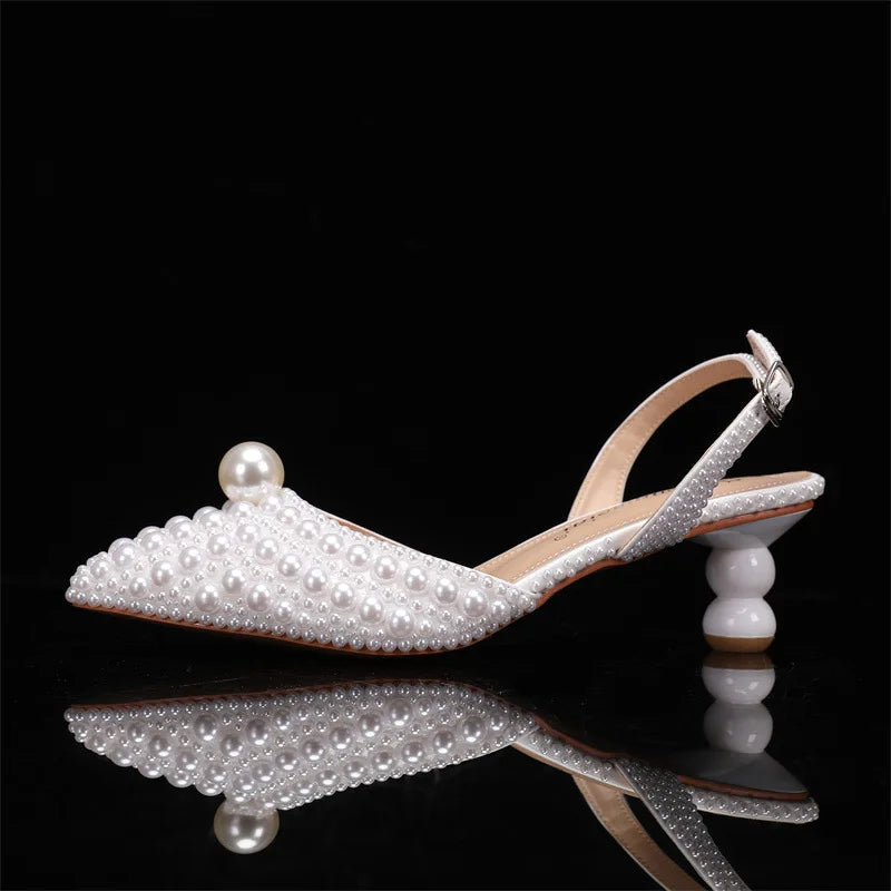 Women's 5cm Round Heel Shaped Heel Pearl Sandals