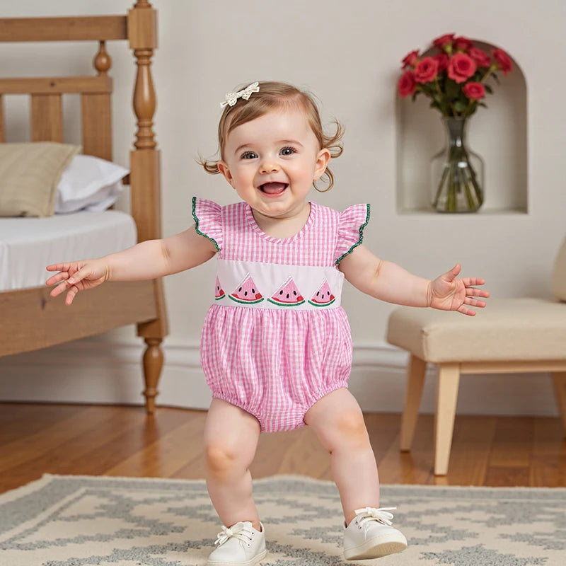 Baby Fruit Embroidery Romper - Ruffles Fly Sleeves Plaid Print Jumpsuit (0-18M)